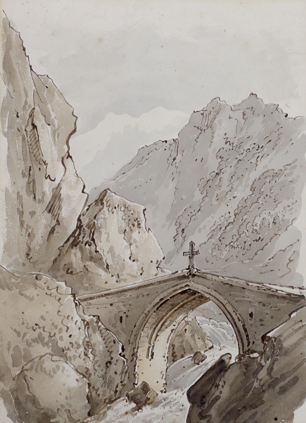 Henry William Burgess (1792-1839), ink and wash, Alpine bridge, unsigned, 30 x 22cm